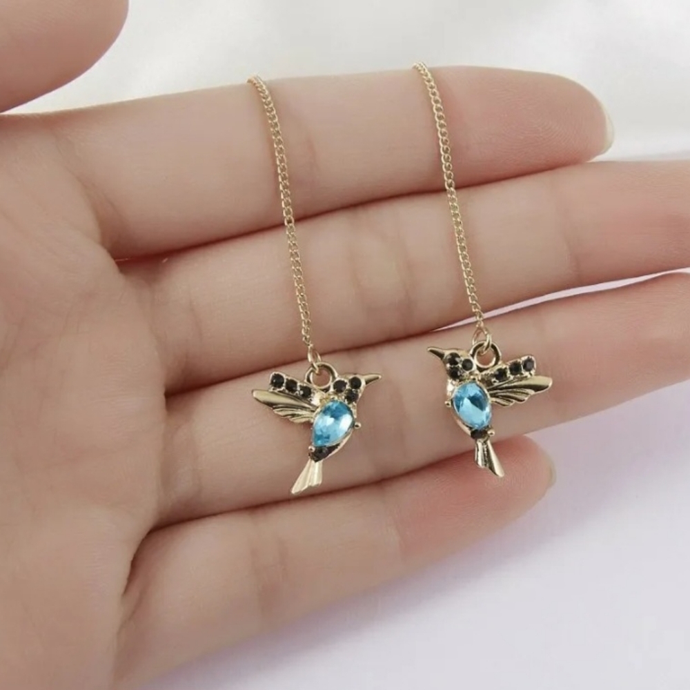 Blue Crystal Hummingbird Threader Dangle Drop Earrings